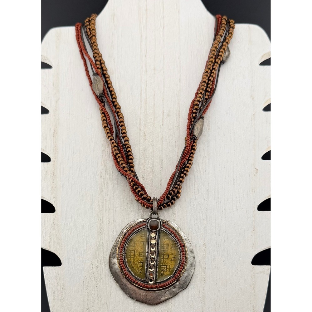 Chicos Beaded Pendant Necklace Bronze Silver‎ Tone Boho Tribal Earthy Medallion